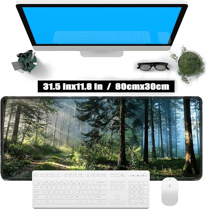 Forest Mouse Pad, Mountains Green Tree Desk Mat, 31.5×11.8 in | Micro-Woven Fabric, Natural Scenery Desk Mat, Sewn Edges, Anti-Slip Rubber Base, Suitable for Office Laptops