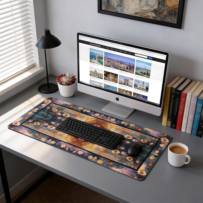 Floral Aesthetic Daisy Gaming Mouse Pad, Gold Blue Rug Desk Mat with Anti-Slip Base & Stitched Edges,35.4" x 15.7" in Table Mat for Computer Desktop, Beautiful Workstation Decor