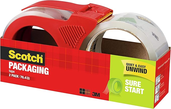 Scotch Sure Start Packaging Tape, 1.88 x 38.2 yd, Designed for Packing, Shipping and Mailing, Smooth and Quiet Unwind, 3" Core, Clear, 2 Rolls w/1 Dispenser (3450S-2-1RD) (Pack of 3)