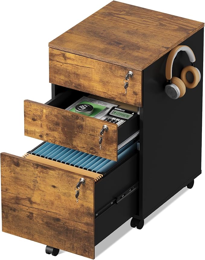 DEVAISE 3 Drawer File Cabinet with Individual Locks, Rustic Brown | Wood Filing Cabinet for Home Office, Mobile Printer Stand with Wheels, Under Desk Storage for Letter/A4/Legal Size