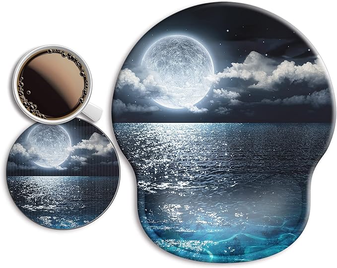 Ergonomic Mouse Pad with Wrist Support Rest,Large Mousepad Gel Wrist Rest, with Coaster Non-Slip & Pain Relief for Computer, Desk, Home&Office-Moon Ocean