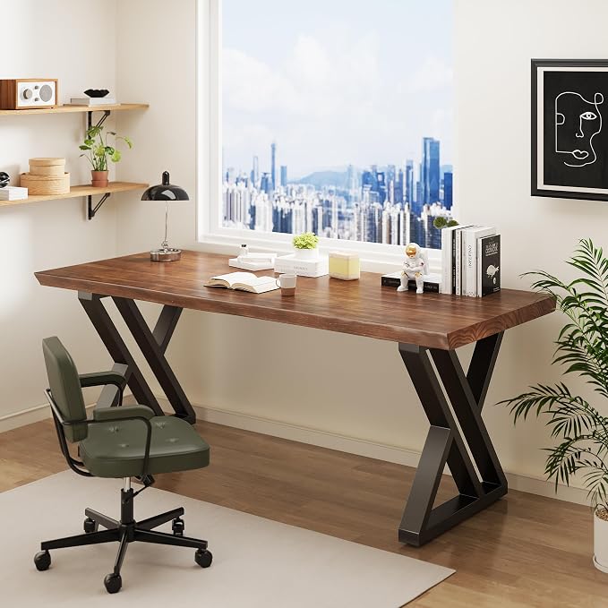 Solid Wood Desk 63 Inches, Live Edge Wooden Home Office Computer Desk Metal Frame Modern Simple Design Executive Real Wood Desk for Writing Study Dining Gaming