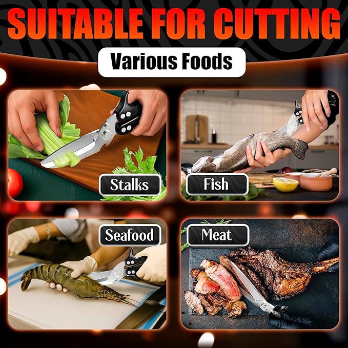 4-in-1 Multi-Use Heavy Duty Poultry Shears – Sharp Seafood, Fish, Turkey & Chicken Shears with Non-Slip Metal Handle & Micro-Serrated Blades – Spring-Loaded, Safety Lock Bone Scissors (Black)