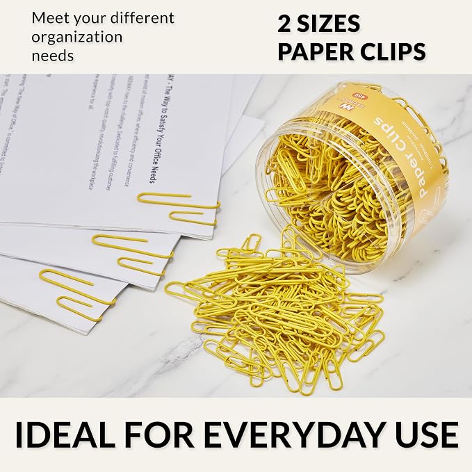 NEEWAY 450pcs Paper Clips Assorted Sizes, Small and Large Paper Clips (1.1 inch, 2 inch), Coated Paperclips for Office School Document Organizing (Yellow)