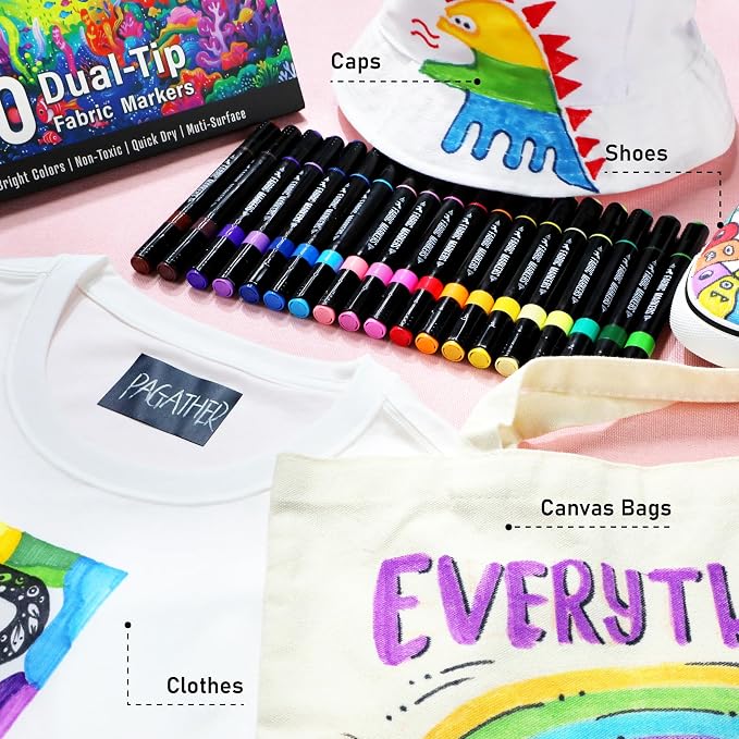Pagather Fabric Markers, 20 Colors Dual Tip Pens for Clothes | For T-Shirts, Tote Bags, Canvas, Shoes & DIY Fabric Projects, Create Detailed Designs and Creative Patterns