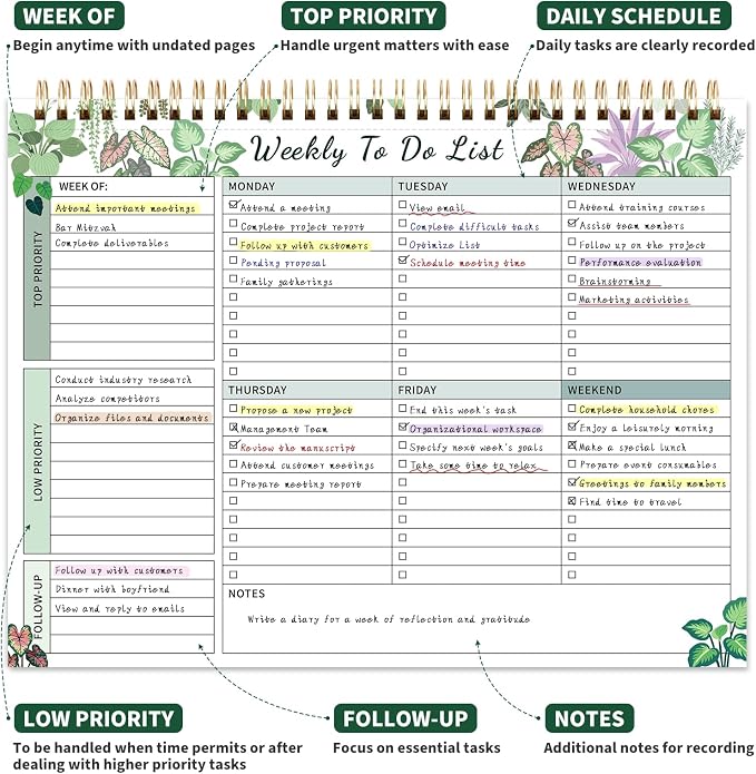 104 Pgs Weekly To Do List Notepad 52 Duplex-Printed Undated Sheets 100 GSM | （8.5"×11") Weekly Desk Planner For Work Home School Office Desk Accessories Supplies & Goal Setting Tasks - Green Foliage
