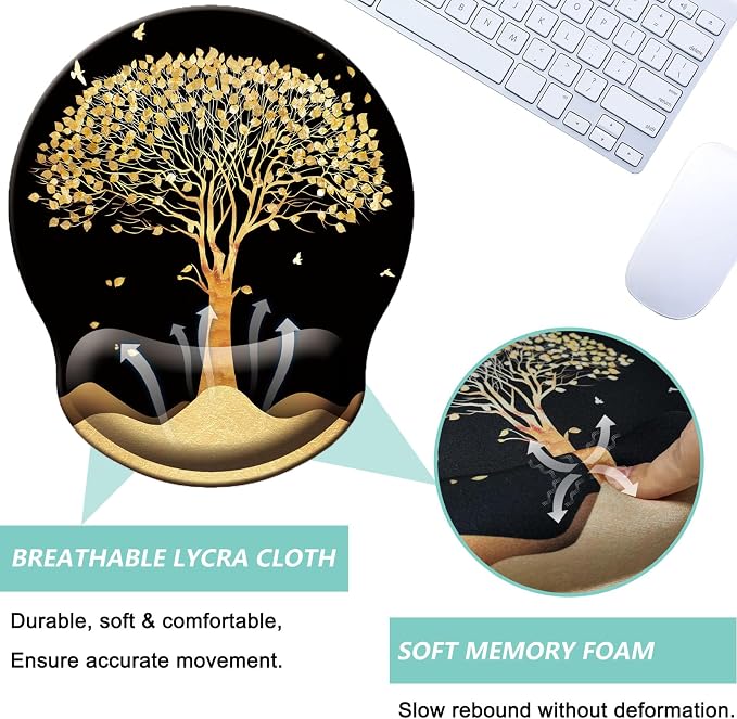 Mouse Pad with Wrist Support, Ergonomic Mouse Pad with Memory Foam Wrist Rest Cushion, Non-Slip Rubber Base Gaming Mice Pad for Home Office Computer Laptop, Tree