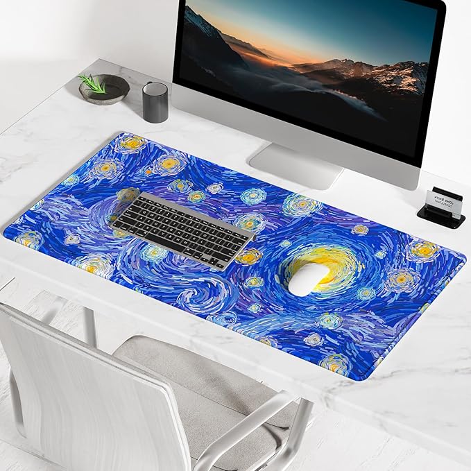 BOSOBO Large Mouse Pad, Desk Pad, XXL XL Extended Gaming Mouse Pad, Desk Mat for Office & Home, Long Keyboard Mat, Huge Mouse Pad, Desktop Full Cover 35.5 x 15.7 Inches, Van Gogh Starry Night