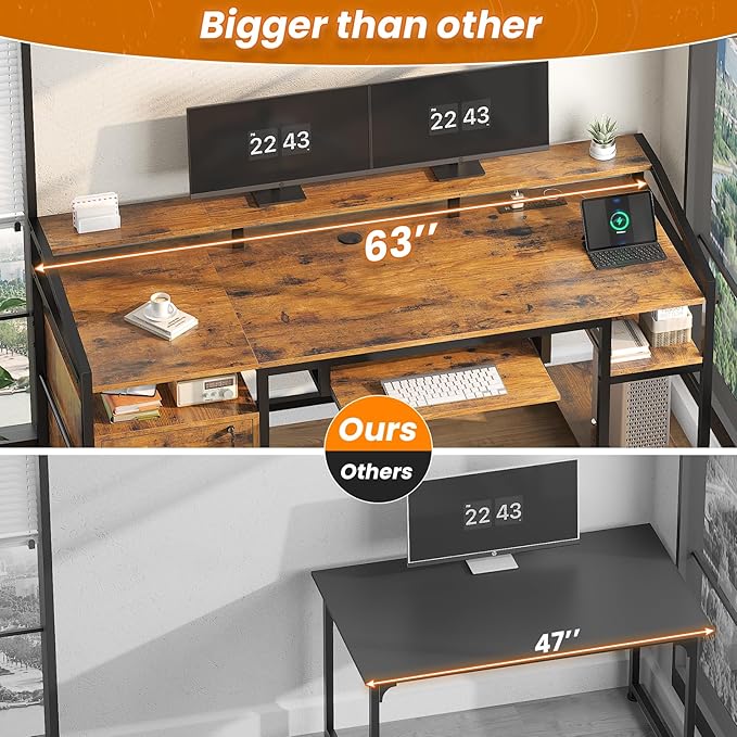 SEDETA 63" Computer Desk, Office Desk with Lock Drawers for Legal/Letter File, Gaming Desk with LED Light & Power Outlet, Home Office Desks for Printer, Rustic Brown