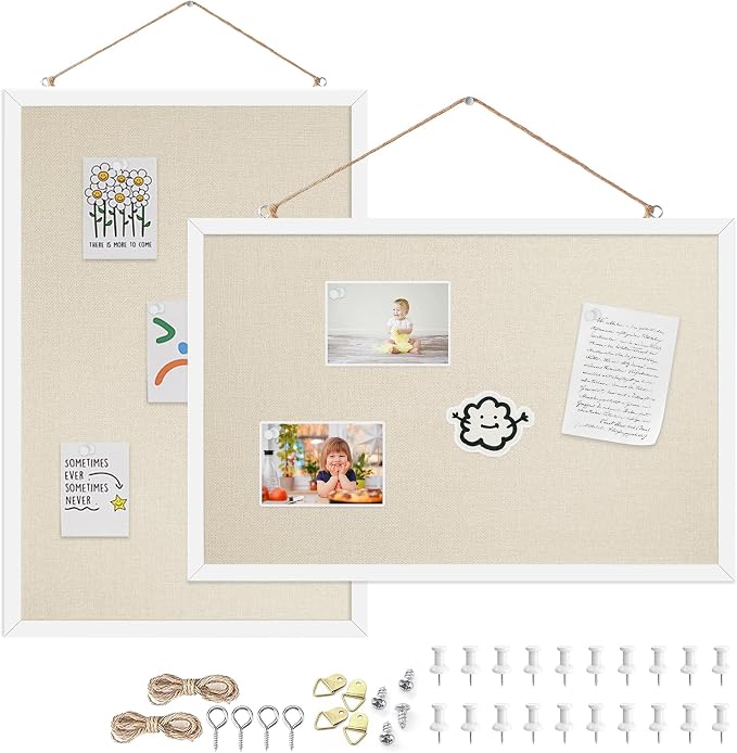 2-Pack 12"x16" White Framed Natural Wood Tone Bulletin Board, Pin Board | Linen corkboard texture. Premium cork boards for walls and pin board office organizer.