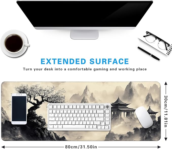Watercolor Cherry BlossomLong Gaming Mouse Pad Extended Anime Large Desk Pad with Non-Slip Base Full Keyboard Mat with Stitched Edges for Gaming and Office 31.5 x 11.8 inches