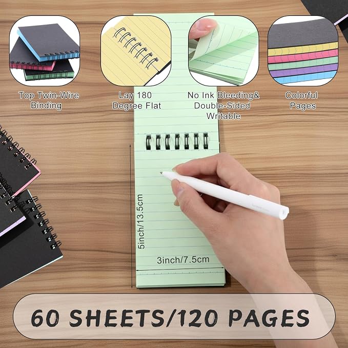 Tenceur 30 Pcs Pocket Notebook Small 3x5 Inch Black Cover 5 Color Pages Top Spiral Notepads Bound Notebook with Lined 120 Pages Mini Memo Pads for Office College Nurse Essentials Back to School Gift