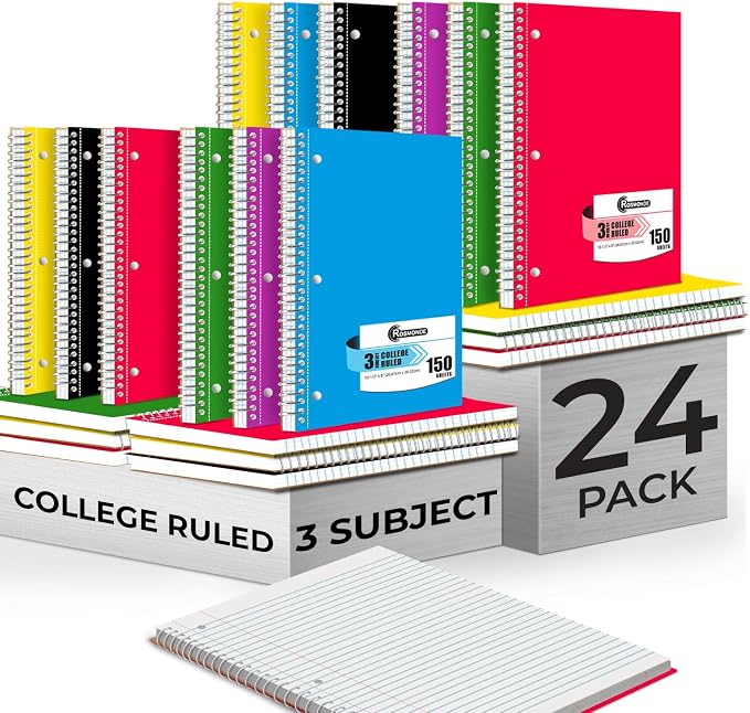 24 Pack 3 Subject Spiral Notebook College Ruled Bulk, 150 Sheets | Thick Paper, Extra Pages - 300 Pages, 8 x 10-1/2", Bulk Spiral Journal for School, 3 Hole Punched, Bulk Subject Notebooks
