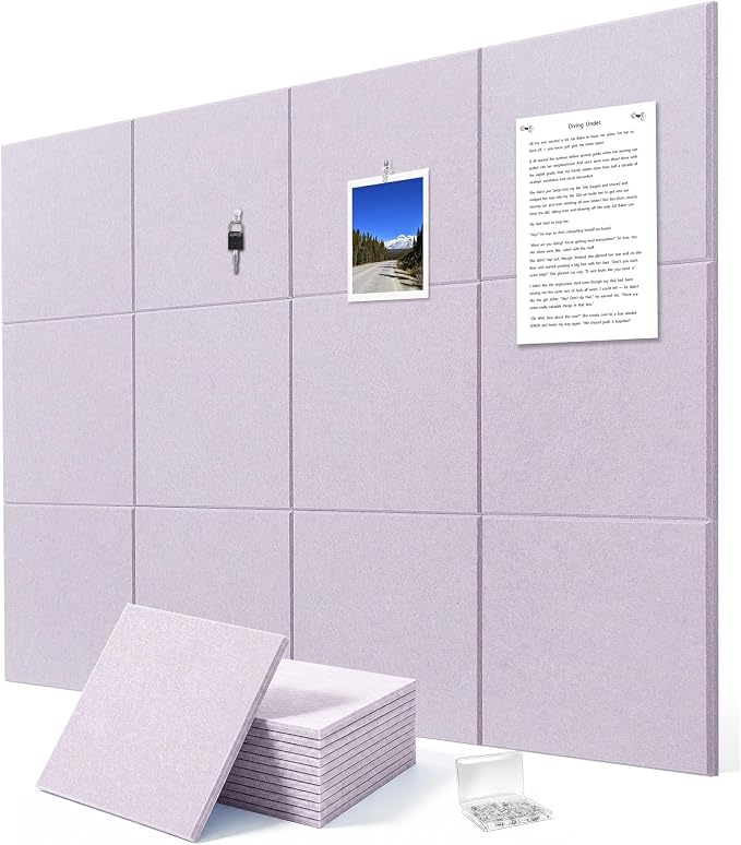 Felt Wall Tiles Bulletin Board Large Cork Board Alternative 12 Pack 11.81”x11.81”x0.47” Felt Pin Board Tack Board with Safe Removable Adhesive Tabs for Home Office School 48x36(Light Purple)