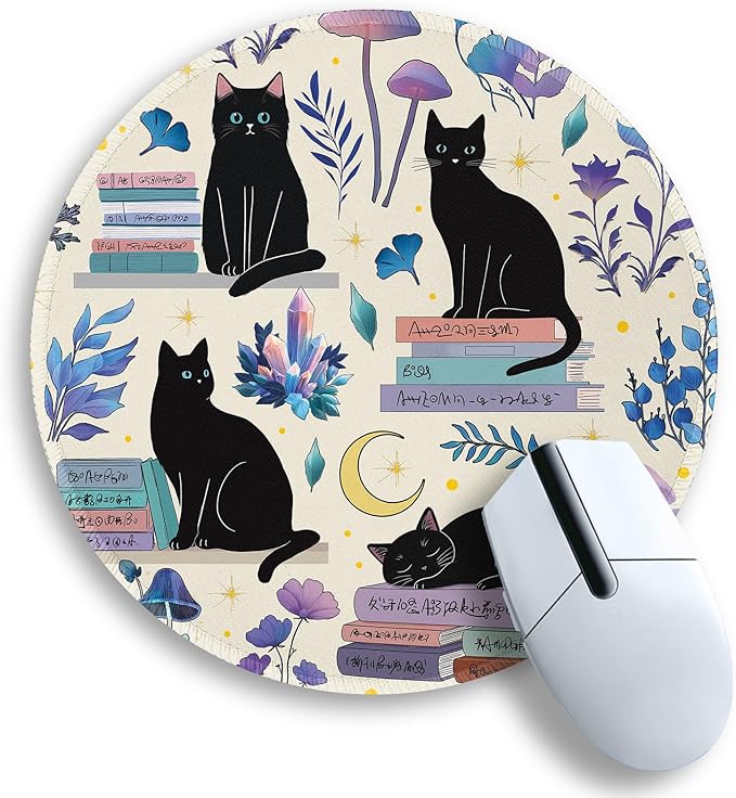 Gctriki Cute Black Cat Mouse Pad, 8.6" Round Funny Mousepad with Stitched Edge & Non-Slip Base, Comfortable Mouse Pads for Computer Laptop, Unique Office Decor & Home Desk Accessories Cat Book Lovers