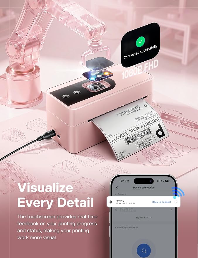 Phomemo PM64D Shipping Label Printer 4x6 Bluetooth with Touch Screen | 150mm/s printing, one-touch calibration, Bluetooth connection, compatible with Amazon, USPS, UPS, iOS, Android, Windows & Mac