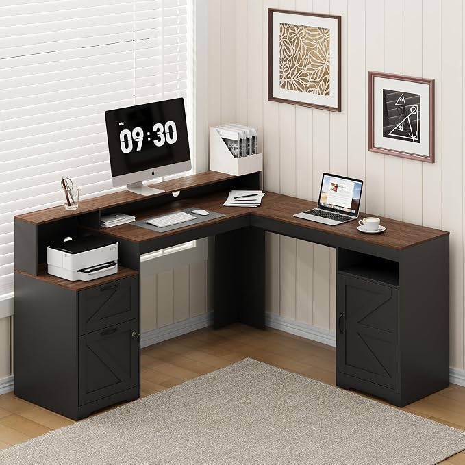 MALOL 63" Farmhouse L Shaped Executive Desk, Corner Computer Desk with Drawers & Storage Shelf, Home Office Desk with Power Outlet, Monitor Stand, Wood Grain Desktop, Black & Rustic Brown
