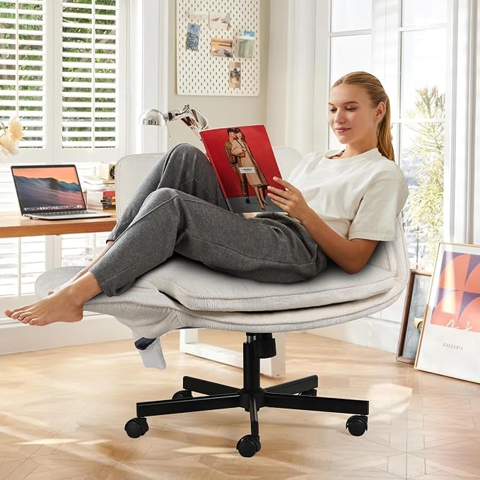 Criss Cross Chair with Lumbar Airbag & Folding Arms Relieve Back Pain, Wide Cross Legged Office Chair for Home Office, Comfy Swivel Desk Chair with Wheels, 5 Level Adjustable Armrest, Chenille(White)