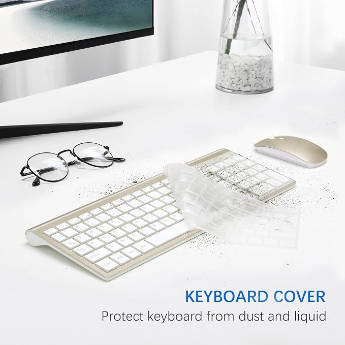 Wireless Keyboard and Mouse Ultra Slim Combo, TopMate - Gold White | 2.4G Silent Compact 2400DPI Mouse and Scissor Switch Keyboard Set with Cover, Batteries Included, for PC/Laptop/Windows/Mac