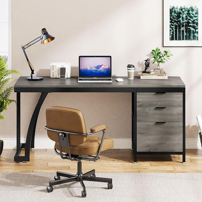 Tribesigns Computer Desk with 3 Drawers, 59-Inch PC Desk with Reversible Drawers, Industrial Study Writing Table Workstation with File Storage for Home Office (Grey)