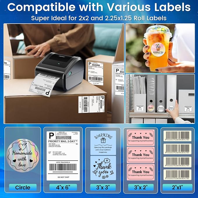 Bluetooth Shipping Label Printer with 3 Roll Labels | D450BT Thermal Label Printer 4x6 with Built-in Label Bin, Thermal Printers Come with 750PCS 4x6‬ Labels (250 Labels/Roll)
