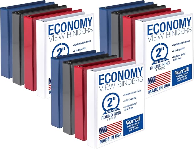 Samsill 2 Inch 3 Ring Binders, Economy Round Ring, Clear View Cover, 425 Sheet Capacity - for School, Home, Office - Assorted, (Pack of 12)