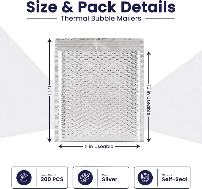 Waterproof Insulated Foil Thermal Bubble Mailers 11x15, 200-Pack | Ideal for food, skincare, cosmetics & perishables. Tear-resistant metallic lining protects temperature-sensitive items.