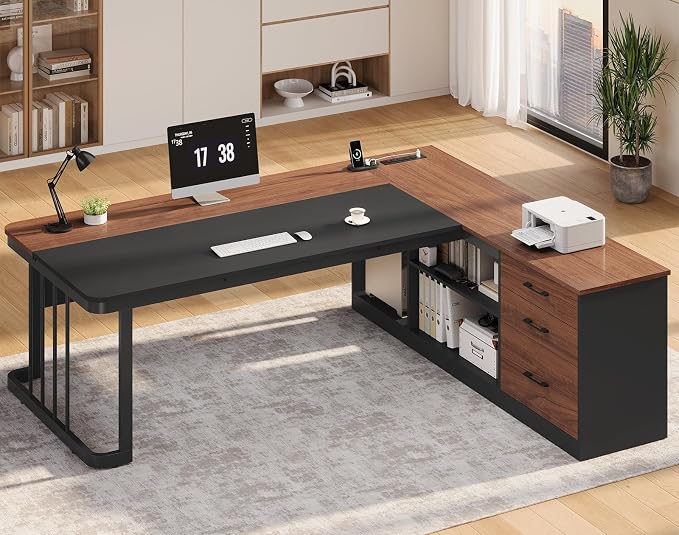 71" Executive Desk, Large Office Desk with Drawers & Storage Shelves, Modern L Shaped Computer Desk Corner Desk with Power Outlets, File Cabinet, Business Furniture Desk Workstation (Walnut)