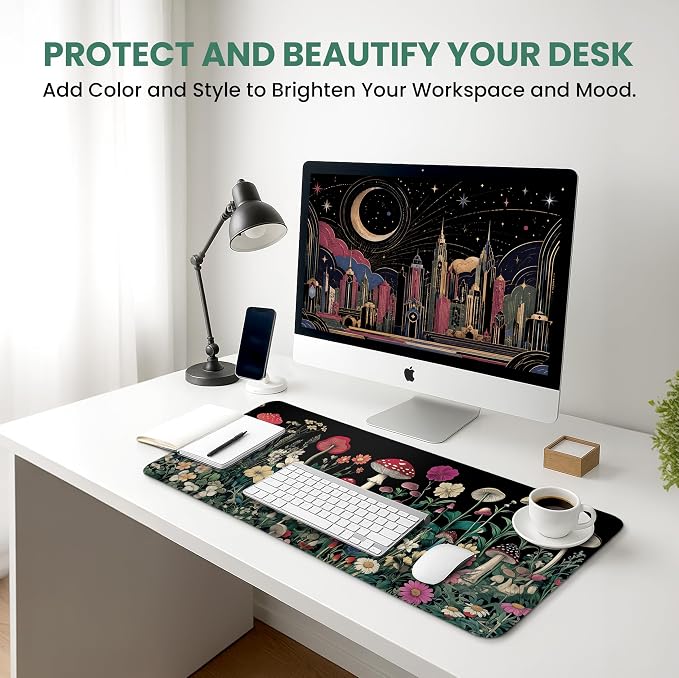 Aesthetic Desk Mat, Cute Woodland Mushroom Desk Pad Protector for Work & Decor, 35.4" x 15.7", Pretty Non-Slip Extended Mouse Pad for Office or Home