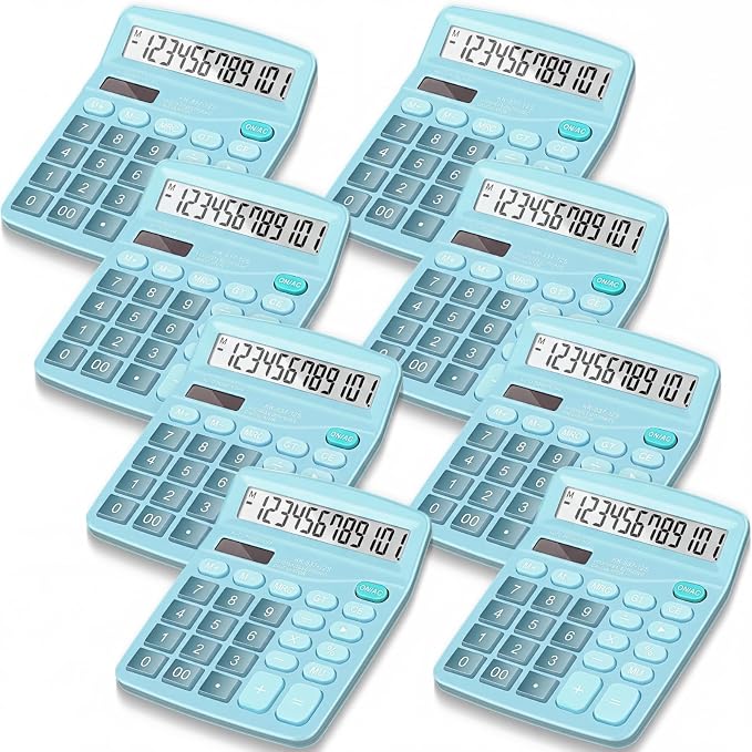 8 Pack 12 Digits Calculator Bulk Calculators Desktop Solar and Battery Dual Power Large LCD Display and Sensitive Butto Handheld for Office, School, Home(Blue)