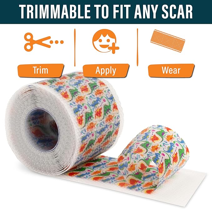 NUVADERMIS Silicone Scar Tape for Kids - Scar Tape for Surgical Scars - 120" x 1.5" Roll - Reusable Medical Grade Silicone Scar Tape for Children - 1 Pack - Dinosaurs