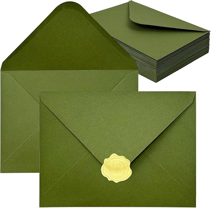YINUOYOUJIA 50 PCS Olive Green Specialty Paper Envelopes A7, 5 x 7 Envelopes for Invitation, Great for Wedding Invitation Cards, Photos,Perfect for Birthday, Baby Shower, Graduation, Christmas