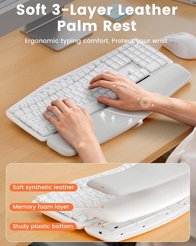 White Wireless Keyboard and Mouse Combo for MacBook & Windows, 30dB Quiet Ergonomic Keyboard Set with Wave Keys & Soft Palm Rest, Silent Typing, Dual-System Switch, Ideal for Home Office—Sablute