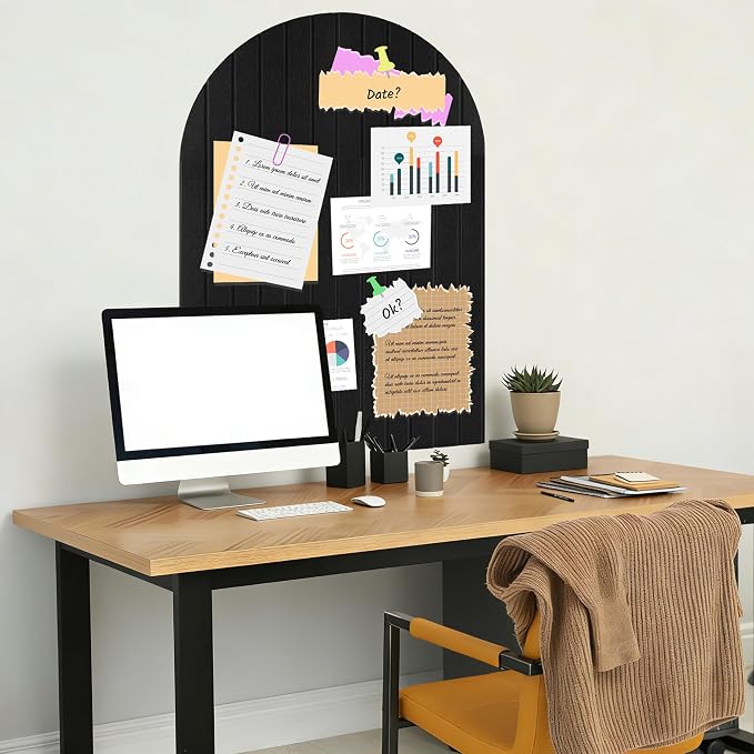 Large Arched Felt Bulletin Board-35 × 24" Stylish Black Cork Board | 6 Pieces Adhesive Panels with 60 Pins for Displaying Photos,Notes Alternative for Office and Home Wall Decor