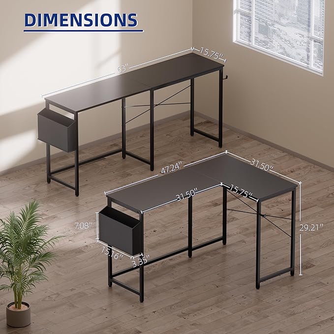 Pamray 47 Inch Reversible L Shaped Gaming Desk Corner Computer Desk with Storage Bag Home Office Table for Writing Study Grey