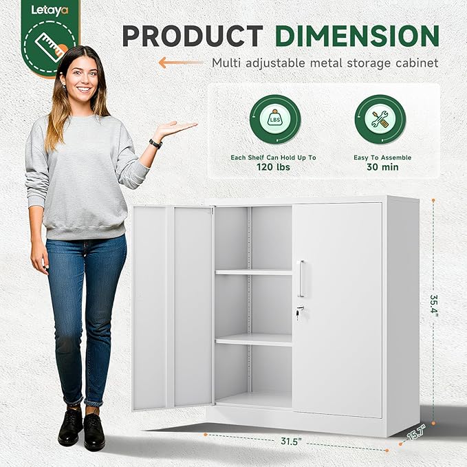 Metal Storage Cabinets with Lock, Small Locker Organizer Steel Cabinets, Adjustable Layers Shelves 2 Doors for Home, Office, Warehouse,Garage,Industrial,Employee Lockers (White-36)
