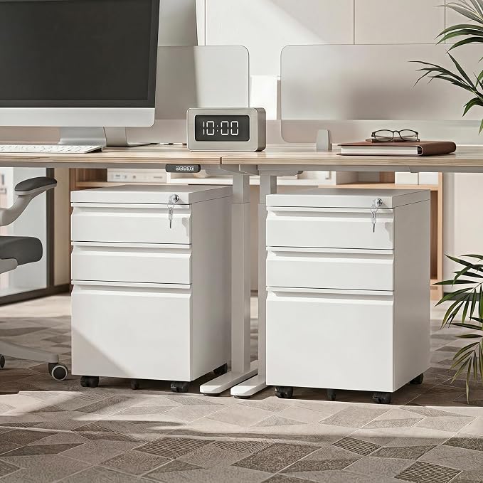 DEVAISE 3 Drawer Mobile File Cabinet, Fully Assembled Except Casters | Under Desk Metal Filing Cabinet with Lock for Home Office, Fits Letter/Legal/A4 Sizes, White