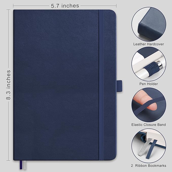 RETTACY Dotted Journal Notebook, 2-Pack, 160 Numbered Pages per Pack, A5 Medium Size (5.7'' x 8.3''), 120 GSM Thick Paper, Leather Hardcover, for Journaling, Planning, Tracking (Black & Navy Blue)
