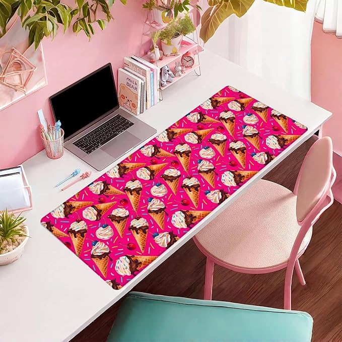 Ice Cream Pink Extended Mouse Pad 31.5x11.8in, Pink Dessert Pattern Large Desk Mat with Non-Slip Rubber Base, Big Mousepad for Laptop Computer PC, Gaming Office Home Decor, Deskmat Gifts
