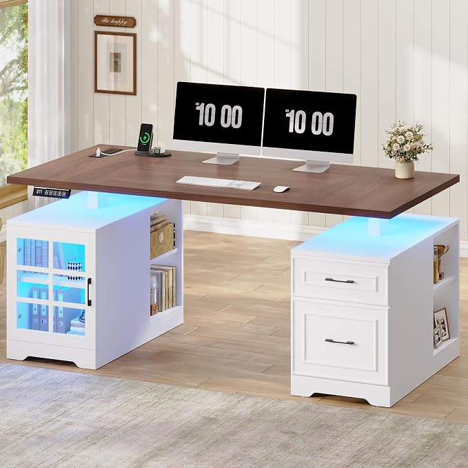 63" Farmhouse Electric Standing Desk with Drawers, Storage Shelves | Executive Height Adjustable Computer Desk with Glass Cabinet,Power Outlet,LED Light, Sit Stand up Desks for Home Office White