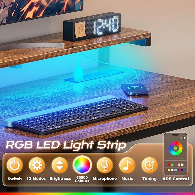55.1 Inch Gaming Desk with LED Lights & Power Outlets | Computer Desk with Drawer & Storage Shelves, Office Writing Desk with Monitor Stand for Work from Home, Rustic Brown