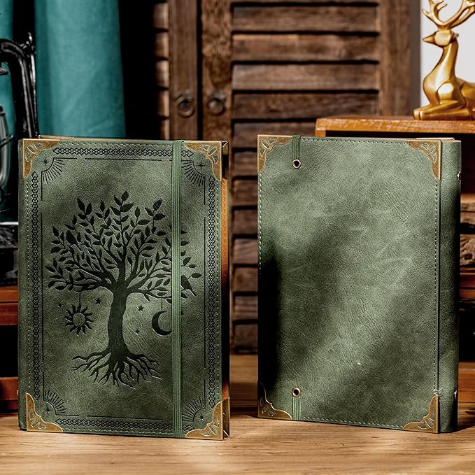 PU Leather A5 Binder 6 Ring Refillable Journal Cover No Refill Paper A5 Planner Binder Loose Leaf Binder for Notebook 5.7”x8.3” with Elastic Closure, Green Tree