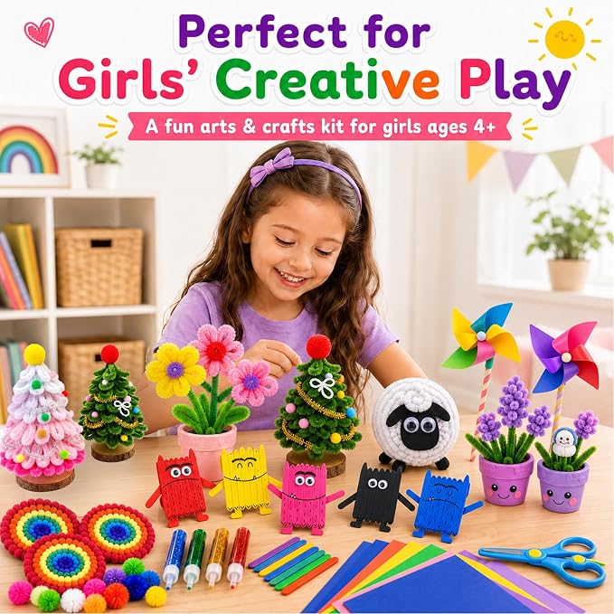 FUNZBO Arts and Crafts Supplies for Kids -Toddlers Craft Kit | with Glitter Glue Stick, Pipe Cleaners, Popsicle Sticks, Pompoms & Stickers, Homeschool Supplies Toys Crafts for Girls age 4+