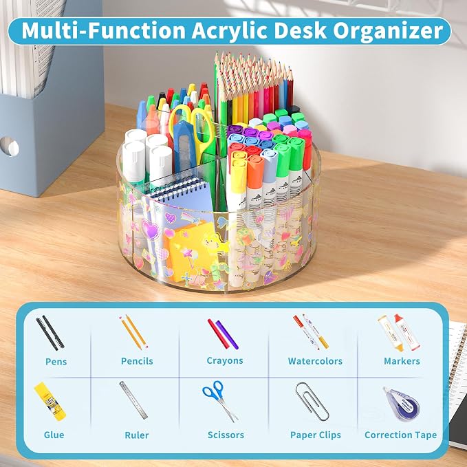 Acrylic Pen Holder for Desk Organizer Holder with 2 Adhesive DIY Stickers | Marker Holder Organizer with 2 Cute Sticker, 360 Degree Office Supply Organizer Clear Pencil Holder for Kid 6 Compartments