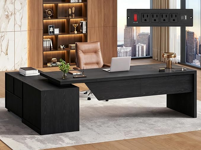 70.9" L Shaped Executive Desk with Power Outlets, Home Office Desk with Movable File Cabinet & Drawer, Modern Corner Computer Desks with Large Storage Cabinet, Black Business Furniture