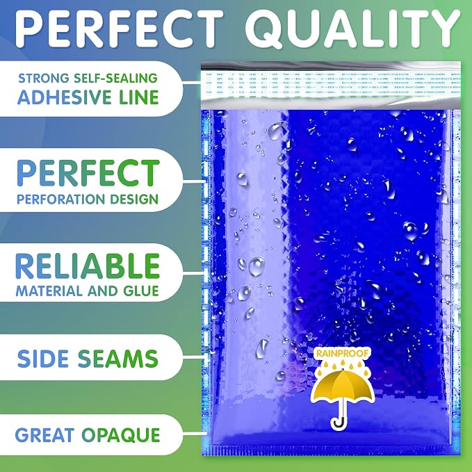Glamour Metallic Bubble Mailers 5 x 9 Inches Blue, 250 Pack Padded Envelopes for Shipping, Mailing, Packaging Protection