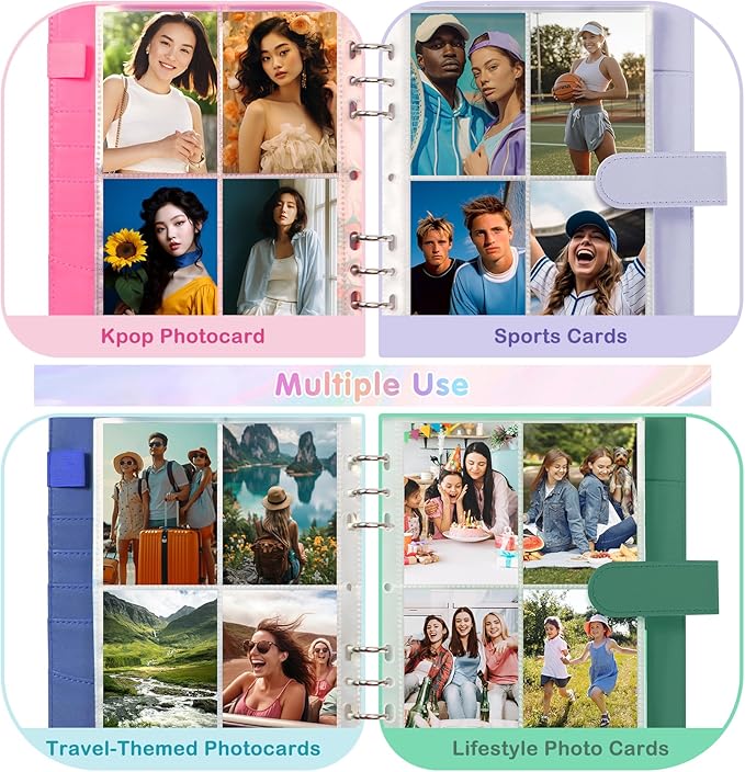 A5 Kpop Photocard Binder, PU Leather 6-Ring Album with Magnetic Closure, Includes 30 Pack 4-Pocket Pages for 240 Cards, Card Holder for Trading and Collectible Cards (Rose)