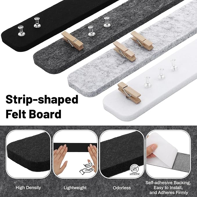 8 Pack Felt Bulletin Board Strips, 13x2 Inch Pin Board, Cork Boards | Self Adhesive, Includes 50 Pushpins and 10 Wooden Clips Push Pins, for Walls Home School Office Decor (Black White Gray)