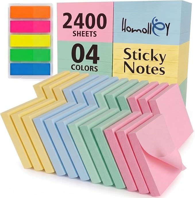 Sticky Notes 3x3, 24 Pads/2400 Sheets, Strong Self-Adhesive Note Pads | 3x3 Sticky Notes Pad, 4 Pastel Colors, Repositionable, Removes Cleanly, Smooth Thick Paper, Ideal for Home, Office & School