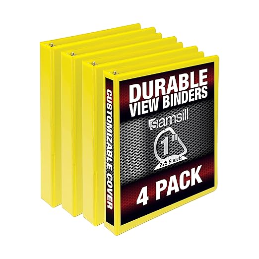 Samsill Durable 1 inch 3 Ring Binder, D Ring Binder, 100% Recycled Chipboard, Yellow, 4 Pack